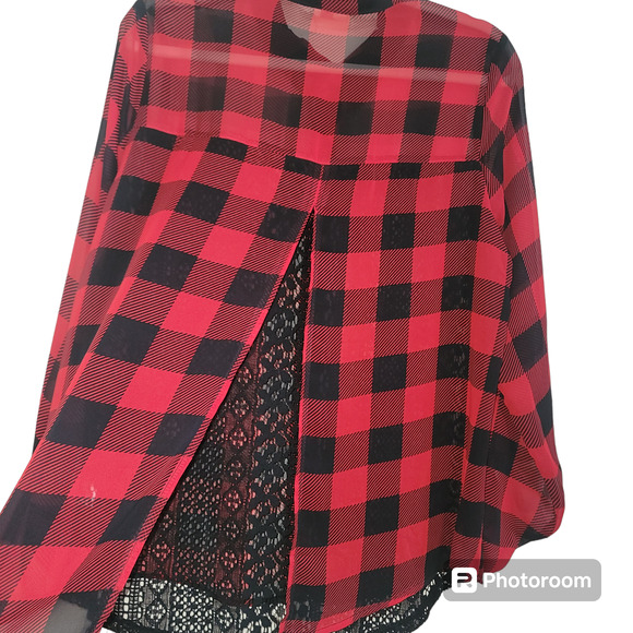 Charming Charlie Buffalo Plaid Sheer Lace Button Front Blouse Women's Size M - Picture 5 of 6